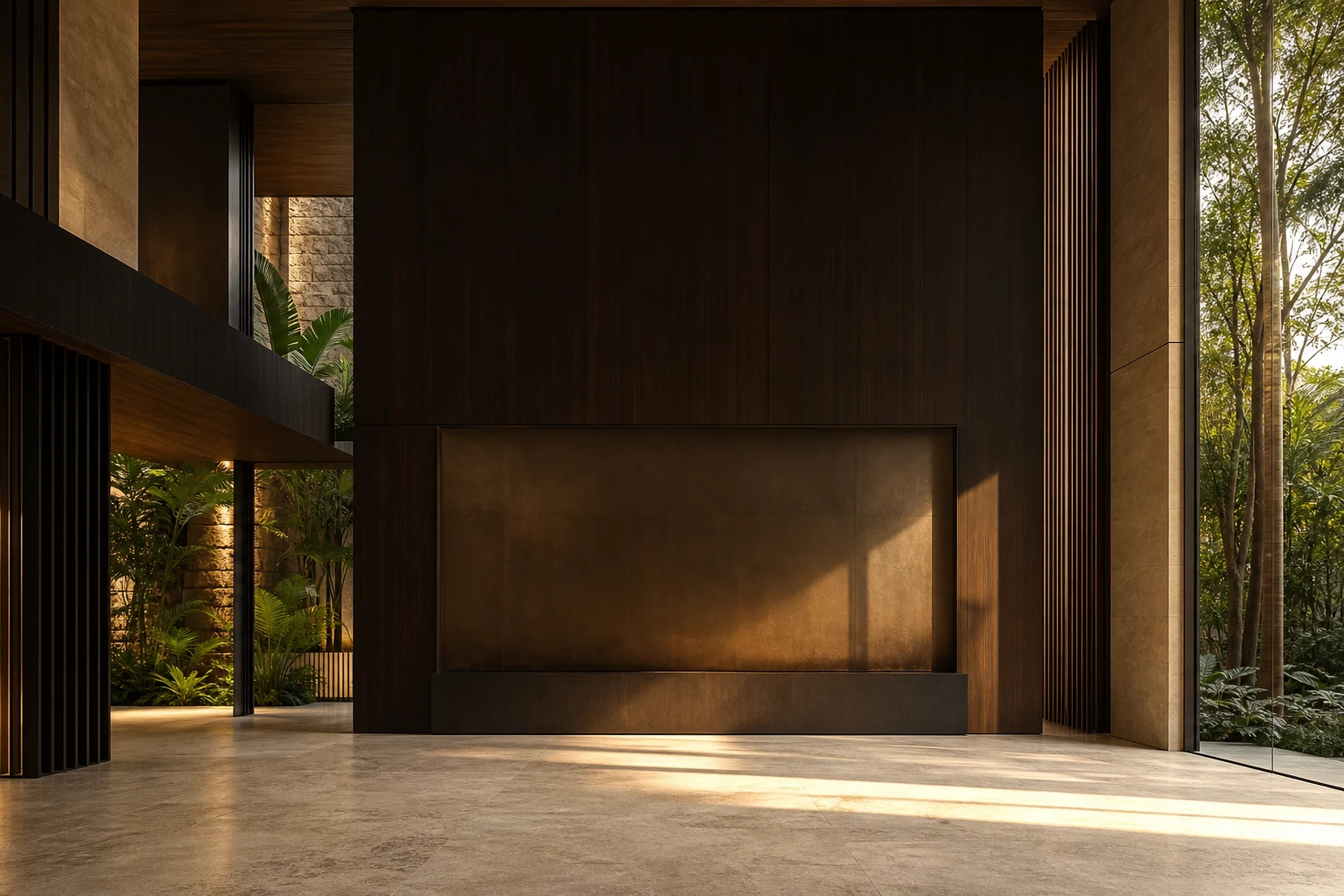Galeria residencial contemporânea com madeira fumê, pedra clara e paisagismo tropical